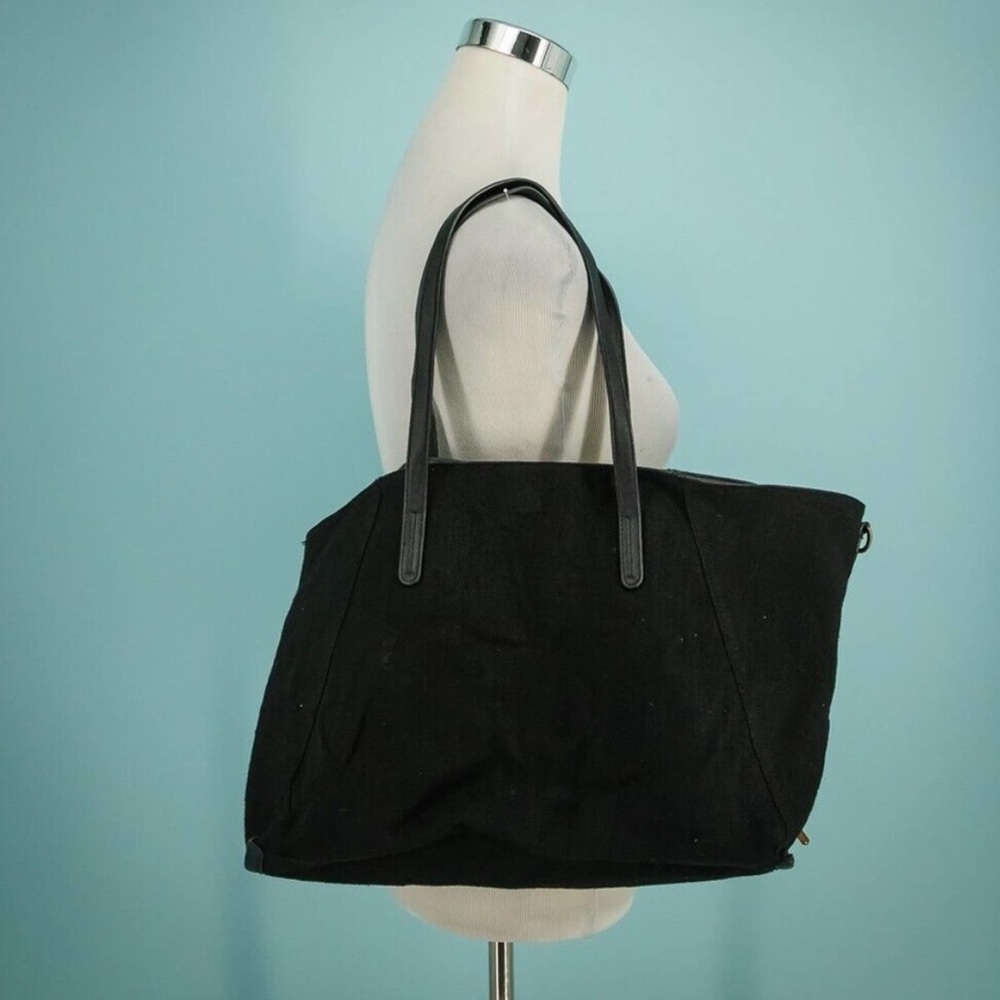 Free People Black Linen Two Strap Magnetic Closure Shopping Market Tote Bag
